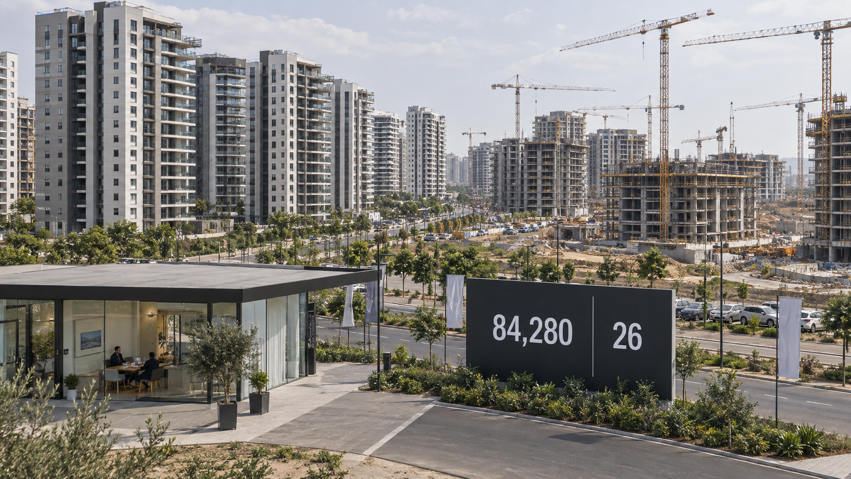 שכונת מגורים חדשה ובה בניינים מוכנים ובניינים בבנייה לצד נתוני מלאי