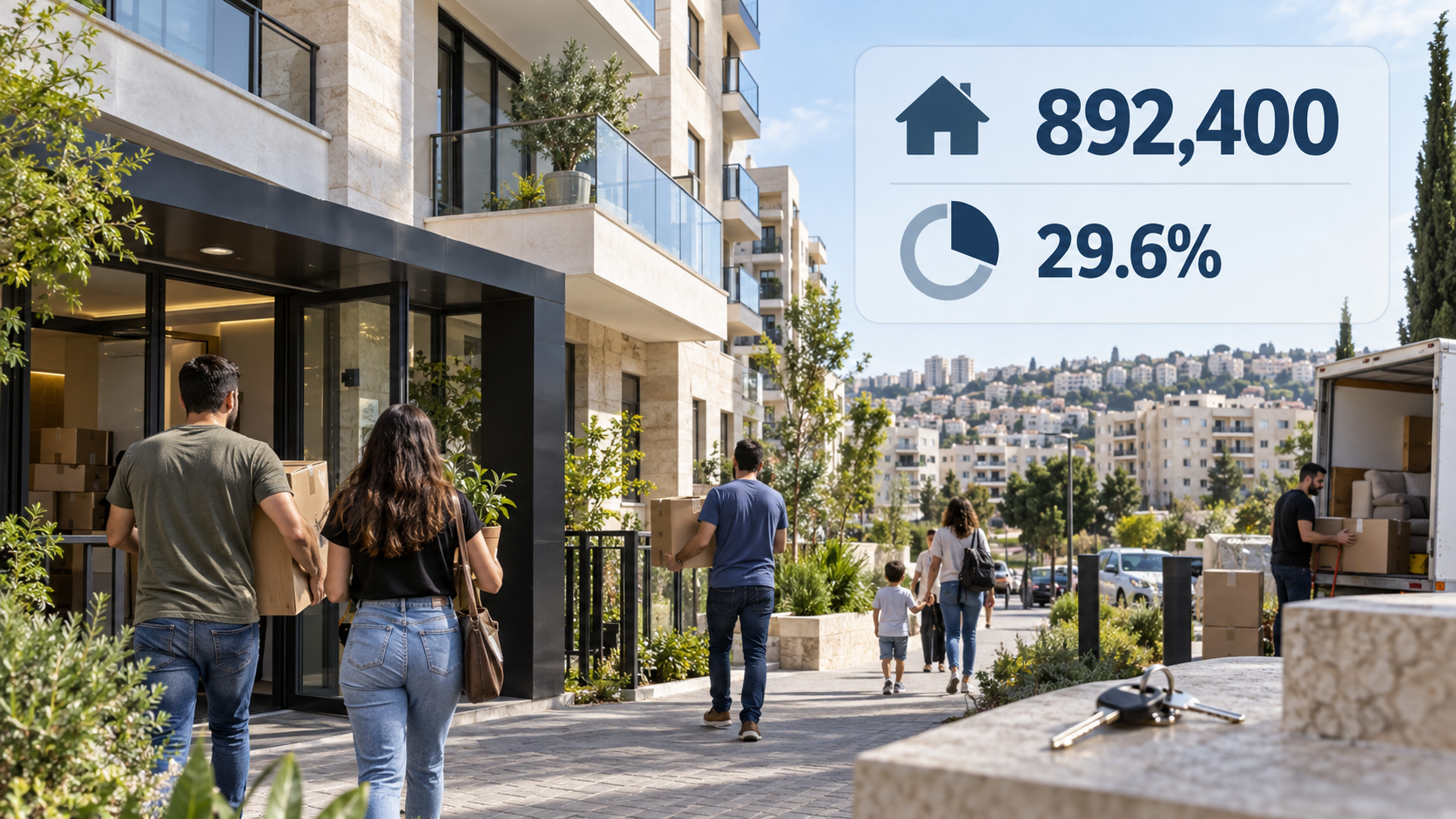 דיירים נכנסים לדירות שכורות בישראל לצד הנתונים 892,400 ו־29.6%