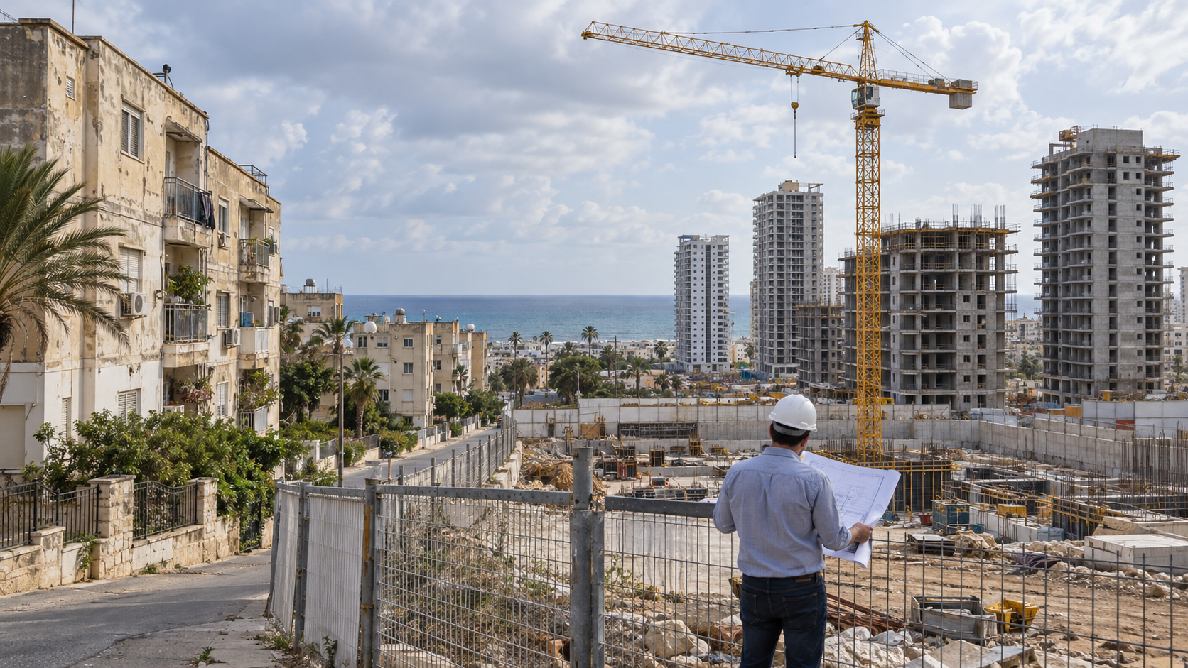בנייני מגורים ותיקים לצד אתר התחדשות עירונית ומגדלים חדשים באשקלון
