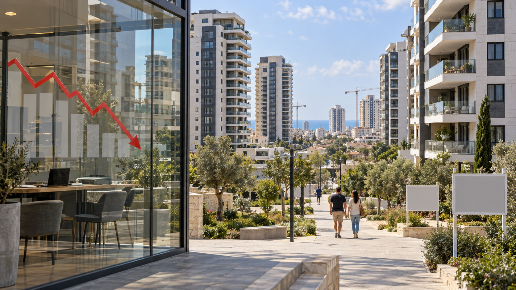 שכונת מגורים חדשה בישראל ולצדה גרף מחירים יורד