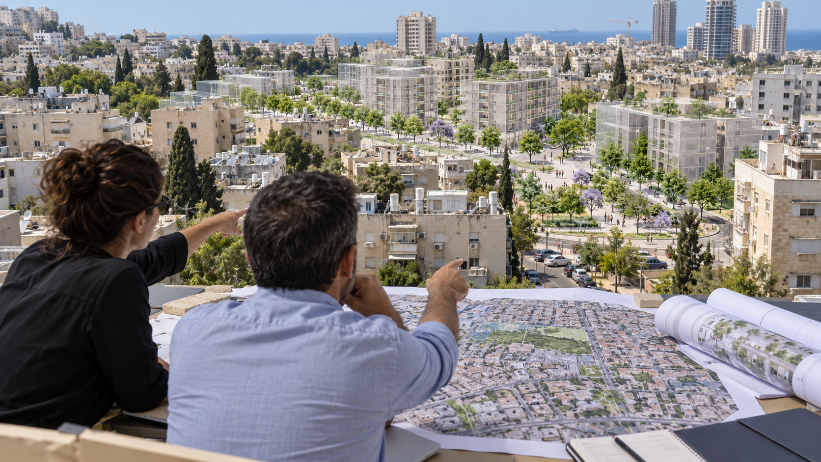 מתכננים בוחנים מפה של שכונה ותיקה ותוכנית להתחדשותה