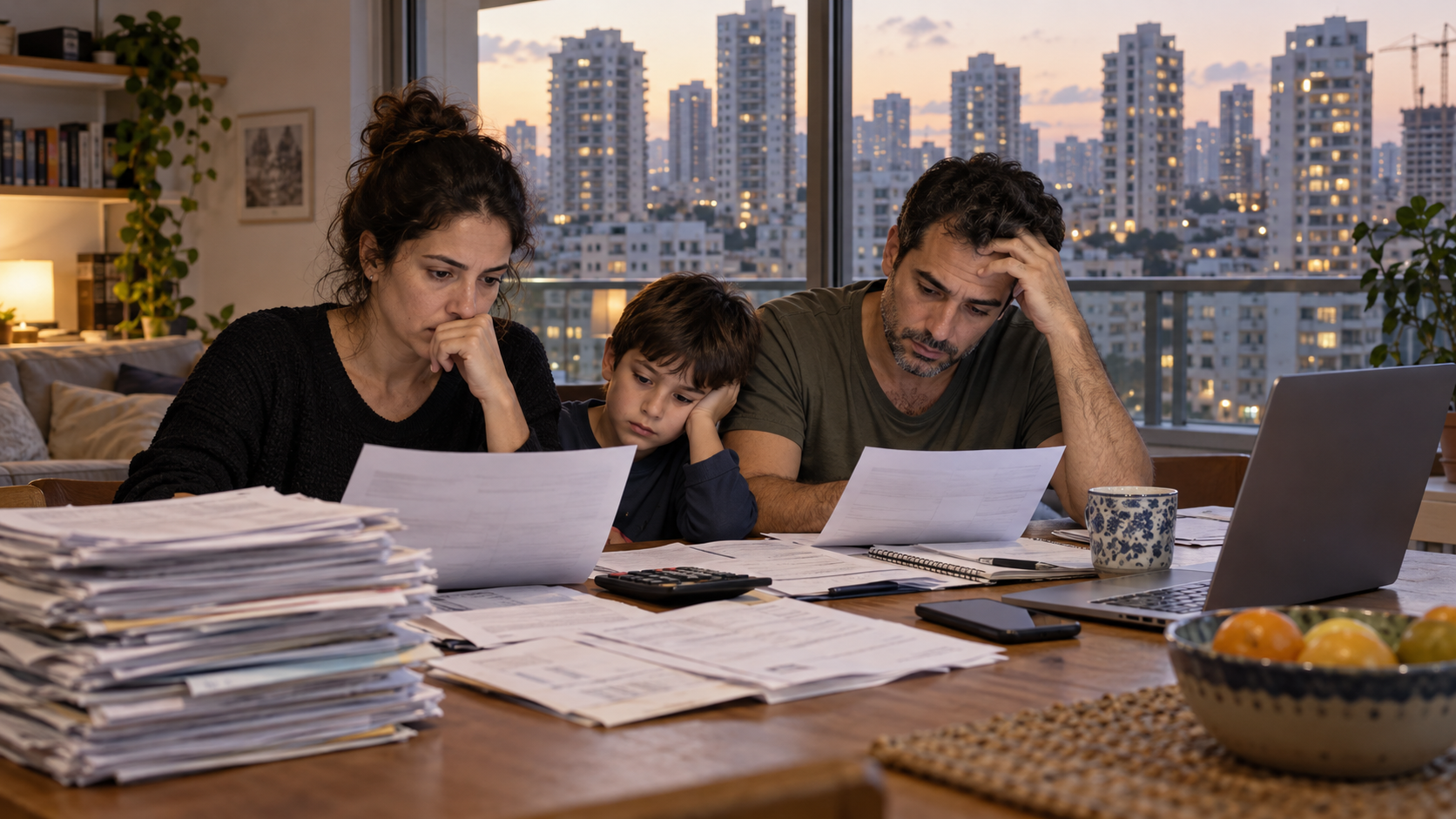 משפחה ישראלית בוחנת מסמכי משכנתה והלוואות בבית