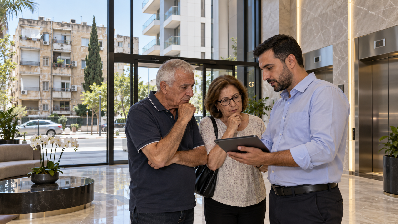 דיירים ותיקים בוחנים את עלויות התחזוקה בלובי של מגדל חדש